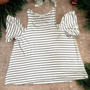 Red Camel Cold Shoulder Short Sleeve Blue and White Striped Top